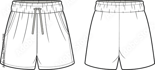 Men’s drawstring shorts front and back technical sketch, fashion cad template, casual wear flat vector, cad drawing flat vector illustration