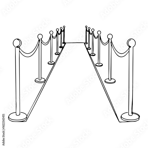 Vector line art of a red carpet with velvet ropes and stanchions, stylized cinema or gala entrance in black and white outline