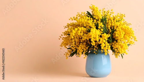 Fototapeta Naklejka Na Ścianę i Meble -  A light blue vase holds a vibrant bouquet of yellow mimosa flowers against a soft peach background