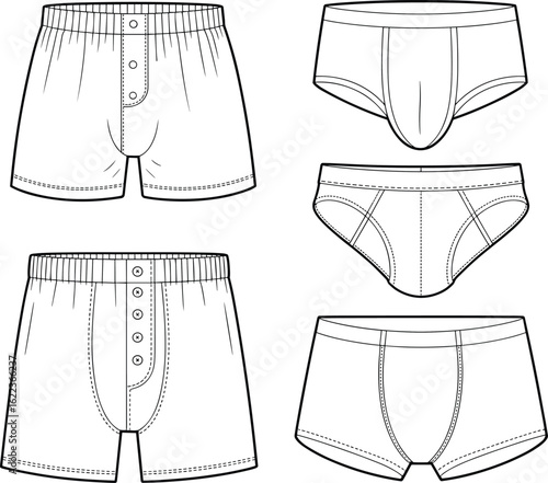 Men’s underwear vector set, boxer shorts, briefs, trunks, technical fashion sketch, flat cad drawing, apparel design, clothing illustration, editable