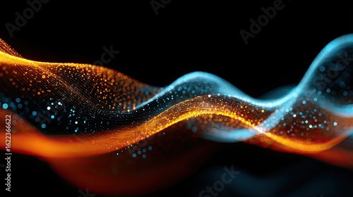 Abstract swirling, wave-like patterns of orange and blue particles against a black background