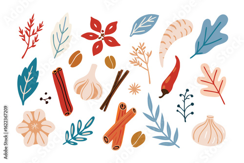 Flavorful Flora: A vibrant illustration showcases an assortment of culinary herbs and spices, each meticulously depicted to stimulate the senses with the essence of aromatic flavors.