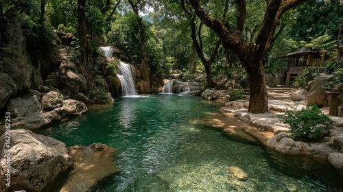 Lush forest pool with waterfall