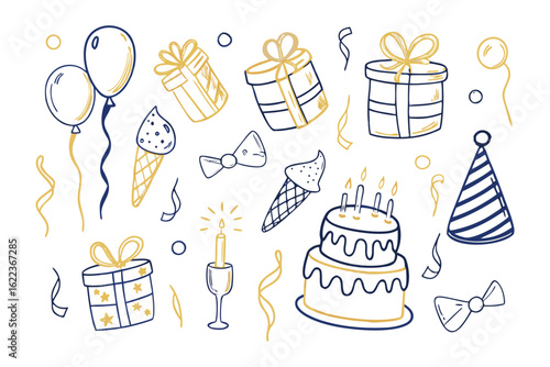 Party Elements in Whimsical Design: A collection of festive party essentials presented in a hand-drawn, playful style, evoking the joy and anticipation of a celebration.