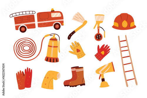 Firefighter's Tools: A colorful and detailed illustration of essential firefighter's tools, each object represents a vital aspect of the job, with each tool ready for any emergency situation.