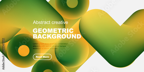 Abstract geometric background features vibrant green, yellow shapes. Text overlay includes sample content, button. Modern design elements present.
