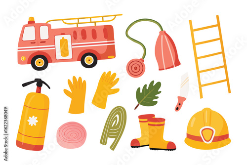 Firefighter's Essentials: A charming and colorful illustration showcases a set of essential tools and equipment used by firefighters, offering a glimpse into their vital work.