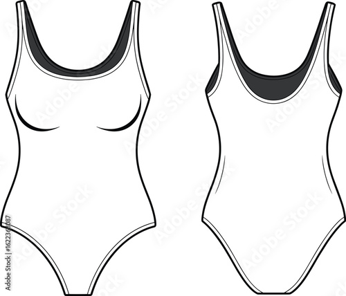 One piece swimsuit front and back technical drawing, fashion flat sketch, swimwear design cad template, cad drawing flat vector illustration