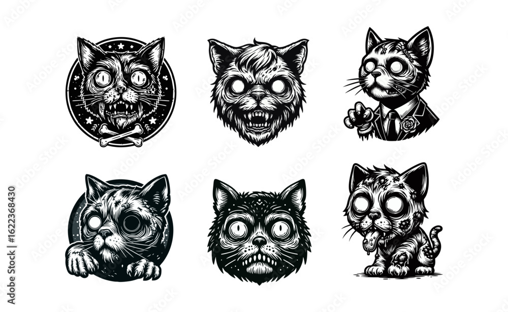 Fototapeta premium Six stylized, monochrome illustrations of cats, each with a spooky or zombie-like appearance, featuring exaggerated features and unique designs.