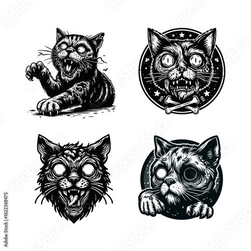 Four black and white illustrations of zombie cats with detailed shading, open mouths, visible teeth, and glowing eyes in various poses.