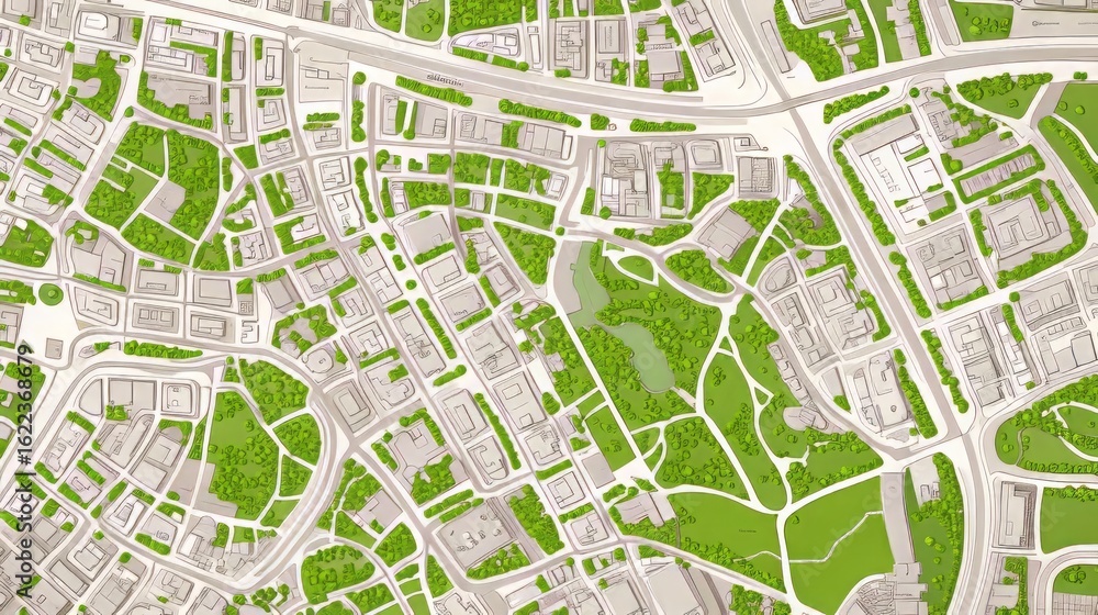Fototapeta premium Aerial view of a city map with green spaces and building outlines