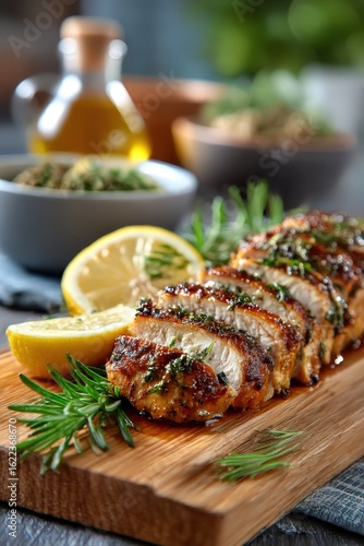 Roasted chicken slices on a wooden board