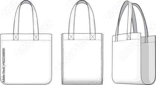 Tote bag front, back, side view, CAD flat sketch, eco bag design, vector illustration, fashion accessory, reusable shopping bag