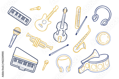 Musical Instruments Collection: A curated ensemble of diverse musical instruments come to life with a whimsical doodle style, each meticulously crafted to evoke the joy of music-making.