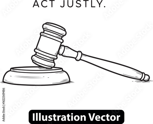 Hand-drawn illustration of a judge's gavel and sounding block with the motto Act Justly