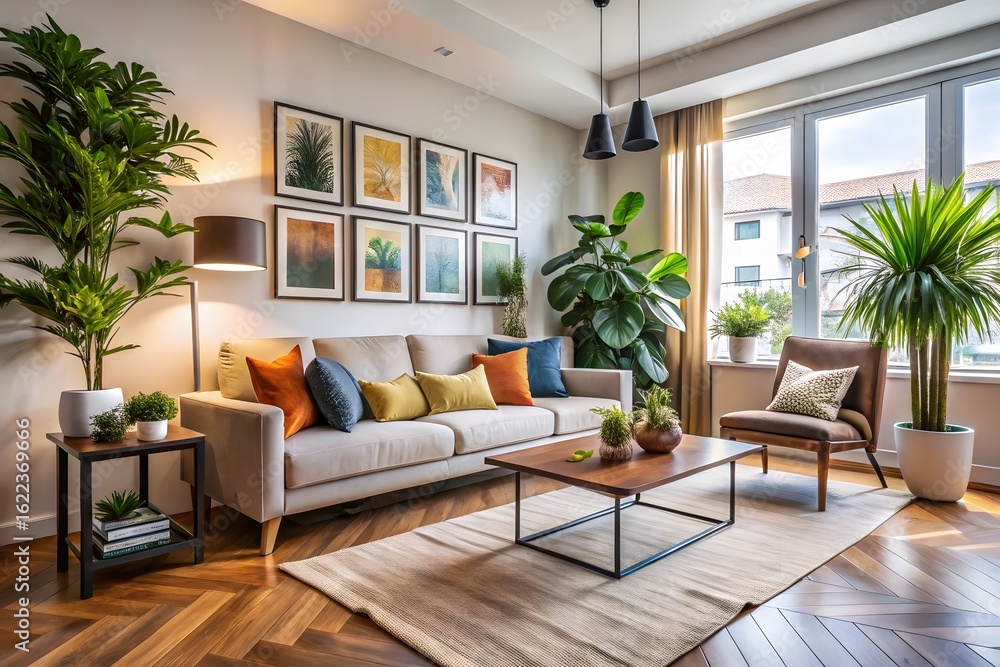 Fototapeta premium Modern living room oasis featuring lush greenery and contemporary furniture accented by warm earth tones