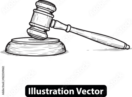 Hand-drawn judge's gavel and sound block illustration. Vector sketch of a law symbol.