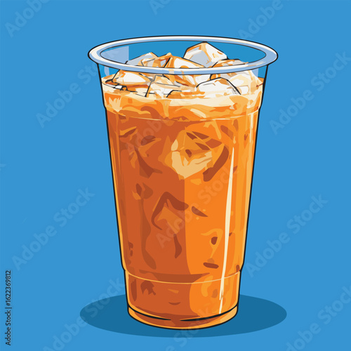 Illustration of ice Thai Milk Tea with ice in clear plastic cup