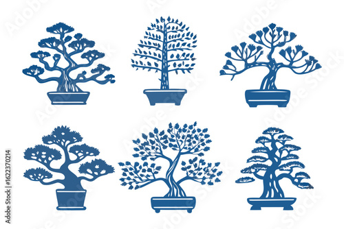 Bonsai Collection: A stylized assortment of elegant bonsai trees in detailed illustrative form. 