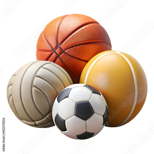 Collection of four sport balls isolated on transparent background