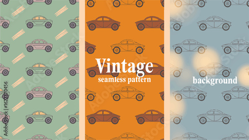 Three panel retro illustration seamless patterns with vintage cars in pastel colors retro car triptych