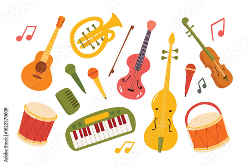 Orchestral Symphony of Instruments: A colorful array of musical instruments forms a vibrant symphony, capturing the essence of creativity and musical expression.