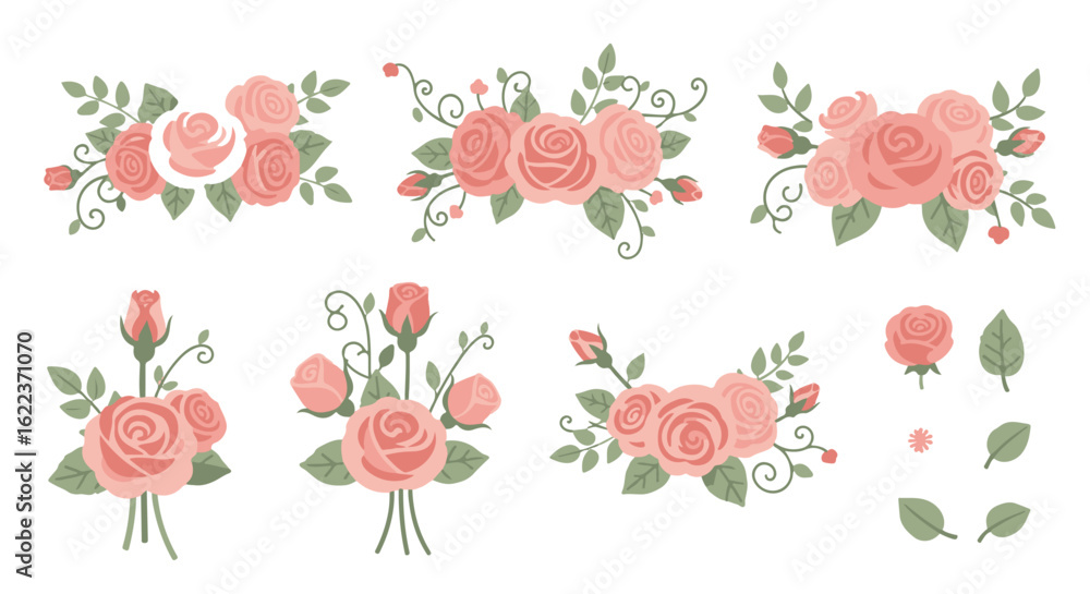 Fototapeta premium A collection of charming, pastel pink rose bouquets and floral elements, perfect for design projects.