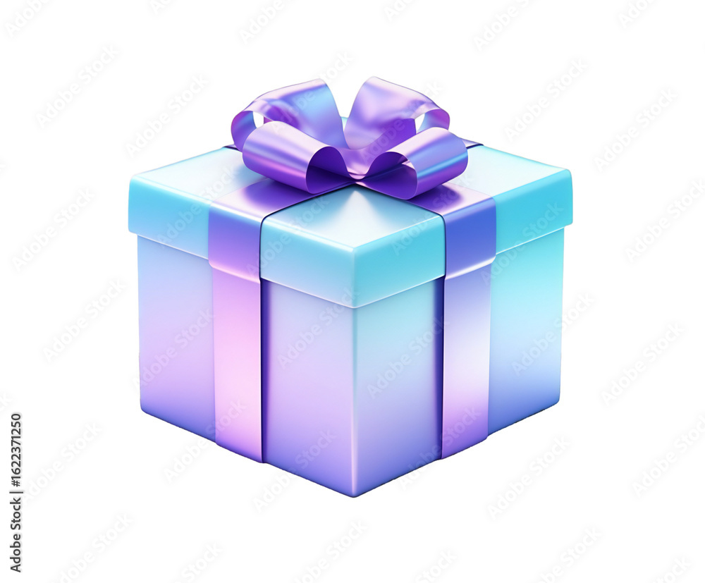 Obraz premium 3D render of a glossy blue and purple gift box with ribbon on transparent background