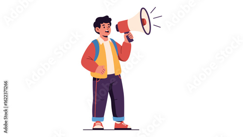 Young male activist with a backpack shouting into a megaphone for a social protest
