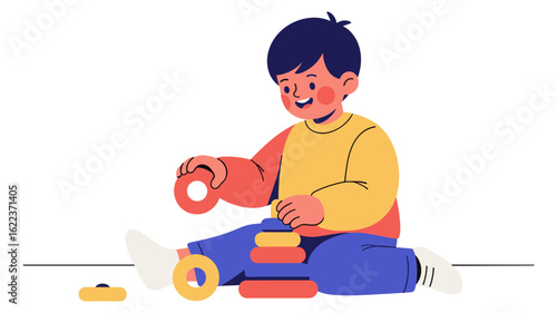 Cheerful boy develops fine motor skills playing with a colorful stacking rings toy