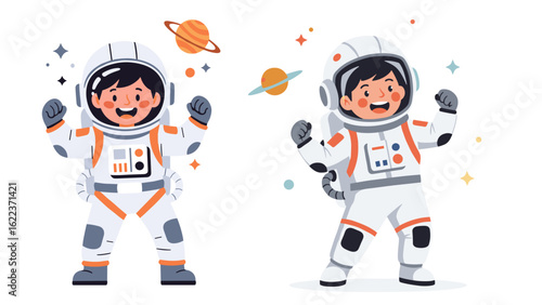Happy cartoon children in astronaut costumes flexing in space with planets and stars.