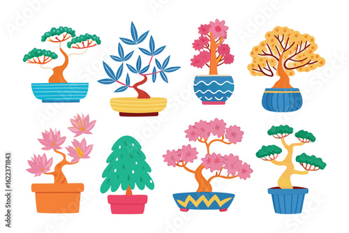 Bonsai Collection: An array of meticulously crafted bonsai trees in colorful pots, showcasing a variety of shapes, styles, and vibrant hues against a clean backdrop.