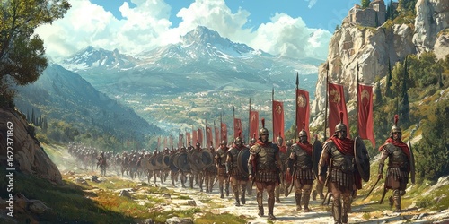 Roman soldiers in armor with red capes marching in line along rocky mountain path with peaks and forests in background. Generative by AI.