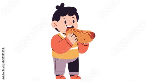 A young kid character with a big appetite eating a hot dog. Cartoon vector illustration.