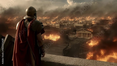 Roman soldier watching ancient city engulfed in flames with destruction, war and chaos in historical cinematic apocalypse scene