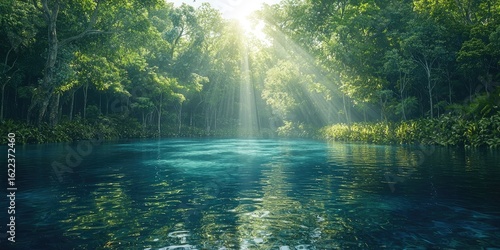 Fototapeta Naklejka Na Ścianę i Meble -  Tropical cenote cave with turquoise water, sunrays streaming through tree canopy, rocks, vines hanging, dense jungle vegetation, crystal clear pool, natural cave walls. Generative by AI.