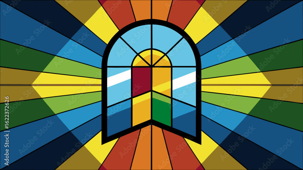 Obraz premium A vibrant abstract stained glass window design featuring bold colors and geometric patterns.