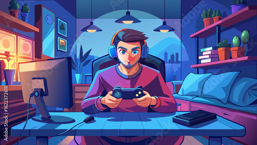 Focused young man engaged in gaming, wearing headphones in a cozy, colorful room with plants and a stylish setup.