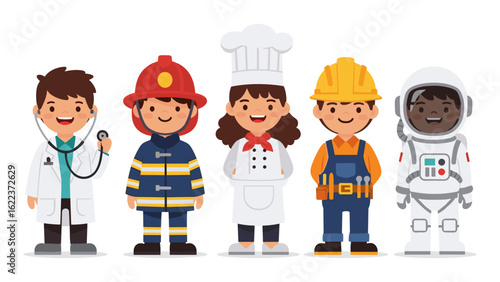 A diverse group of cute children dressed in various professional career uniforms.