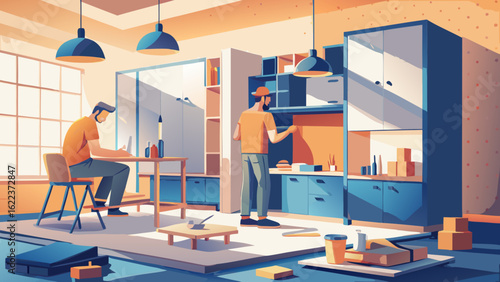 Two men engaged in a home renovation project, assembling furniture in a bright, modern living space.