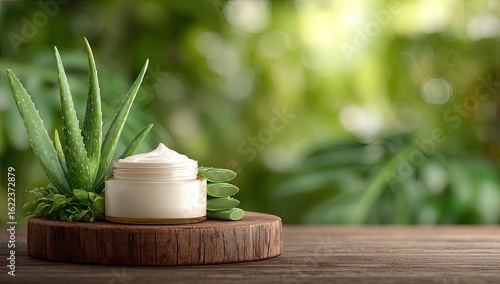 Cream jar, aloe vera, and greenery.  Natural skincare product