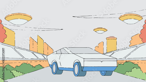 Futuristic white electric vehicle navigating a modern cityscape with vibrant greenery and hovering technology.