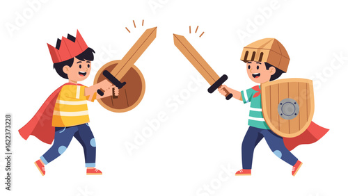 Two young boys in fantasy costumes play-fighting as knights with wooden swords