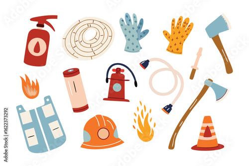 Emergency Equipment: An assortment of essential emergency equipment is arranged, emphasizing the tools and gear required for safeguarding and immediate response. 