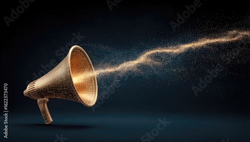 Vintage gold megaphone emits golden particles