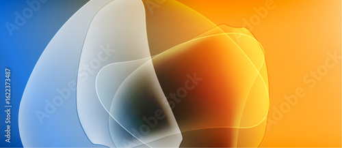 Abstract shapes blend, creating vibrant color gradients. Blue transitions to orange, forming soft, flowing forms. Light plays with transparency.