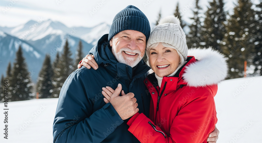 Fototapeta premium Happy beautiful senior couple of pensioners hugging and smiling at ski resort, concept of winter vacation for pensioners, hello winter, winter holidays