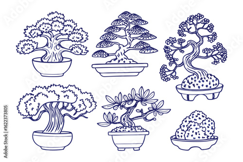 Artistic Bonsai Trees: A collection of uniquely designed bonsai trees in pots, rendered in a crisp illustration style
