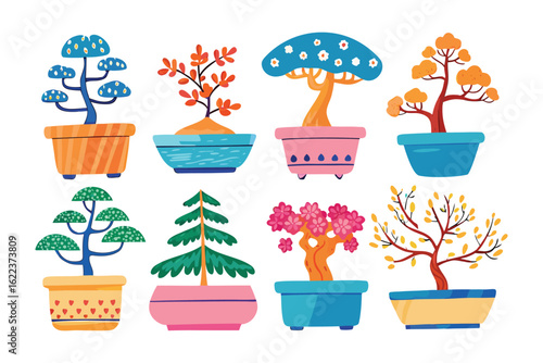 Artistic Bonsai Collection: A colorful, illustrative collection of diverse bonsai trees in a harmonious arrangement. Each tree features a unique shape and style.