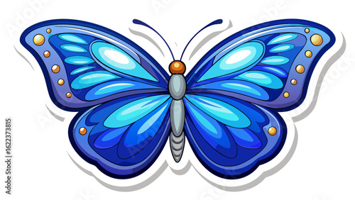 Blue butterfly sticker with a white border